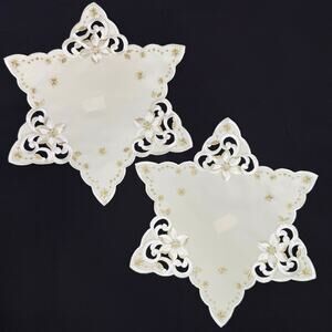 Set 2 German Embroidered Christmas Doilies Star Shaped Gold Thread 15” Table Mat